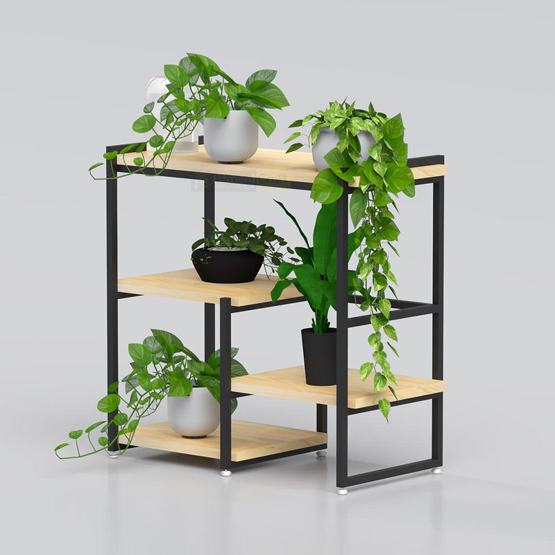 Multi-tier indoor plant stand with durable metal structure and wooden shelves for modern home interiors