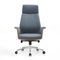 Front angled view of Zorix Pro executive chair with gray upholstery and wood-look arm panels