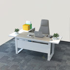Aethel executive desk with light top, white frame and raised side shelf