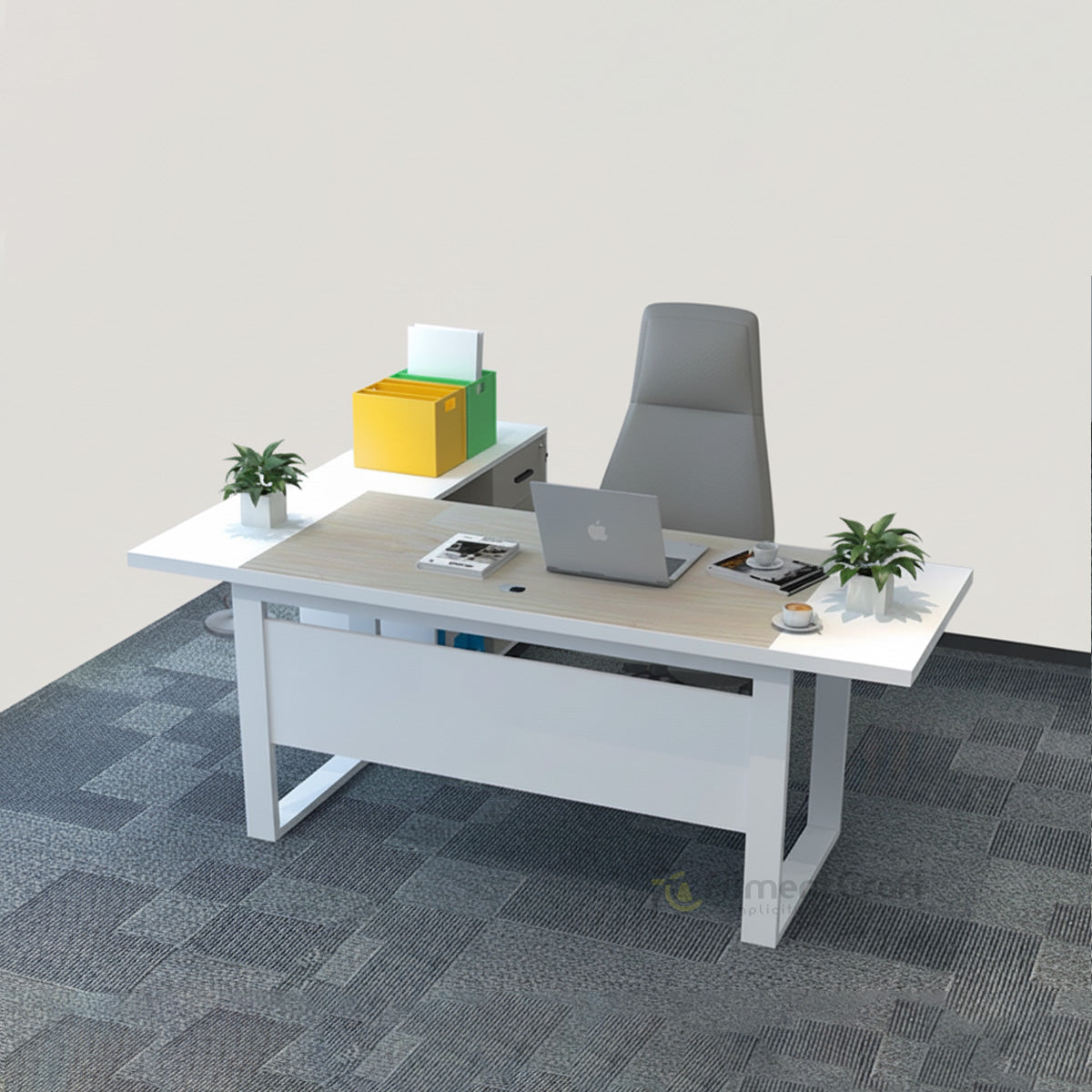 Aethel executive desk with light top, white frame and raised side shelf