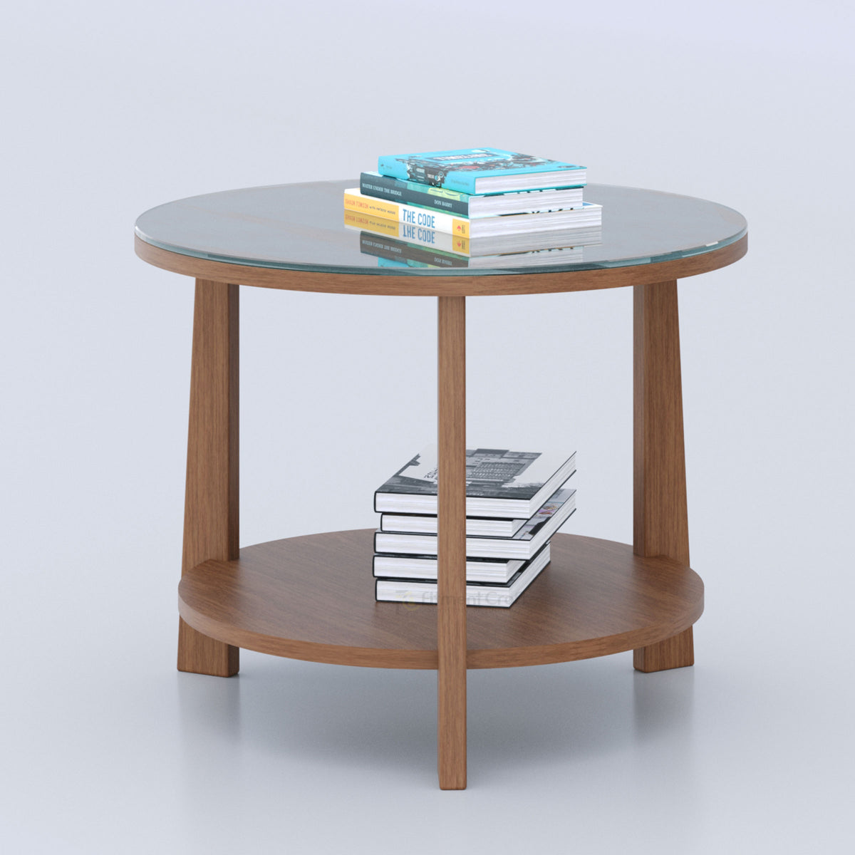 Round Alani center table with glass top, brown legs and circular lower shelf