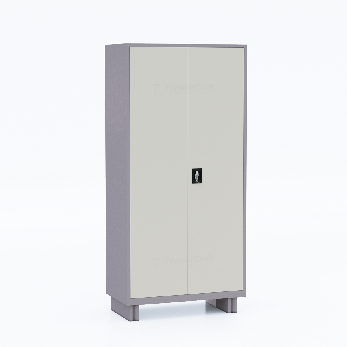 Light grey ALUXE two-door cabinet with dark recessed handle and short legs