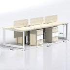 Amiable workstation with pale desktop, three dividers and drawer units, dimension diagram