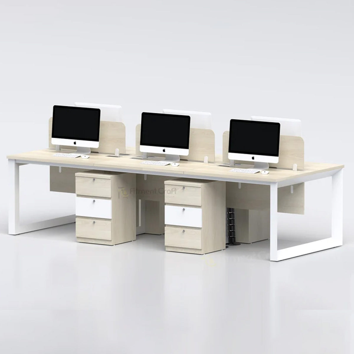 Amiable workstation with three monitors, pale dividers and drawer pedestals