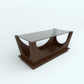Arcube centre table with a rectangular glass top and curved dark brown base