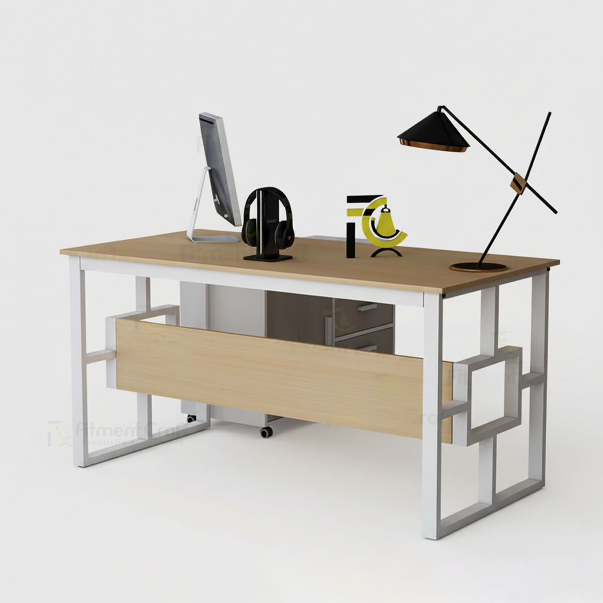 Aristocrat executive desk with light wood-tone top, modesty panel and geometric silver legs