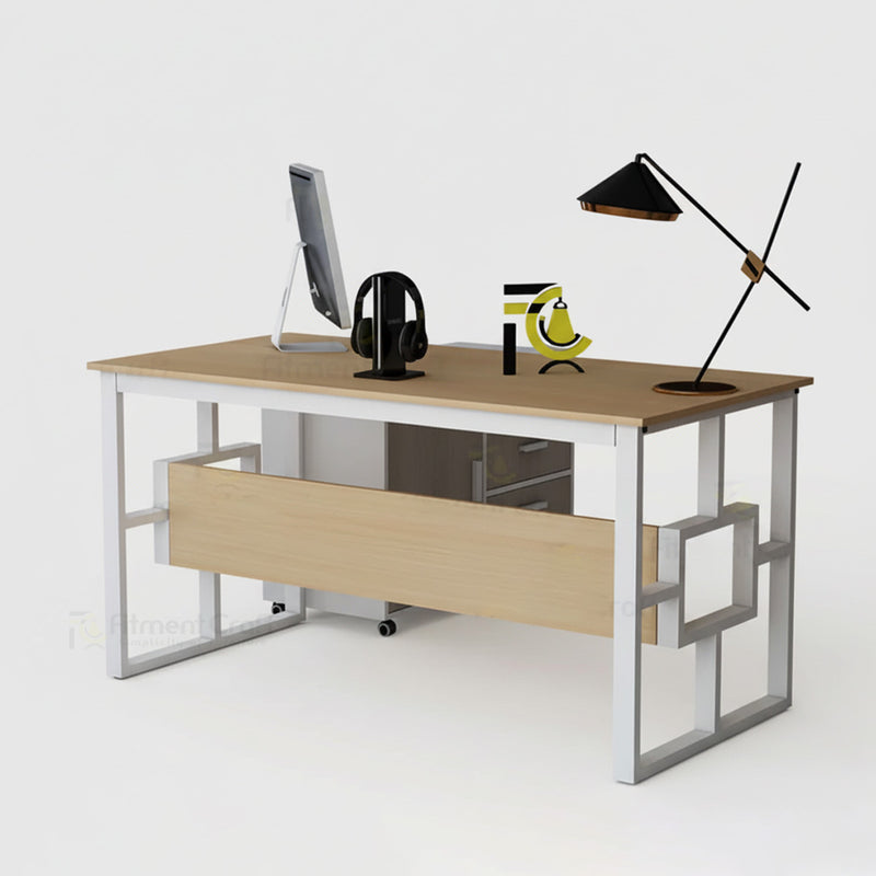 Aristocrat executive desk with light wood-tone top, modesty panel and geometric silver legs