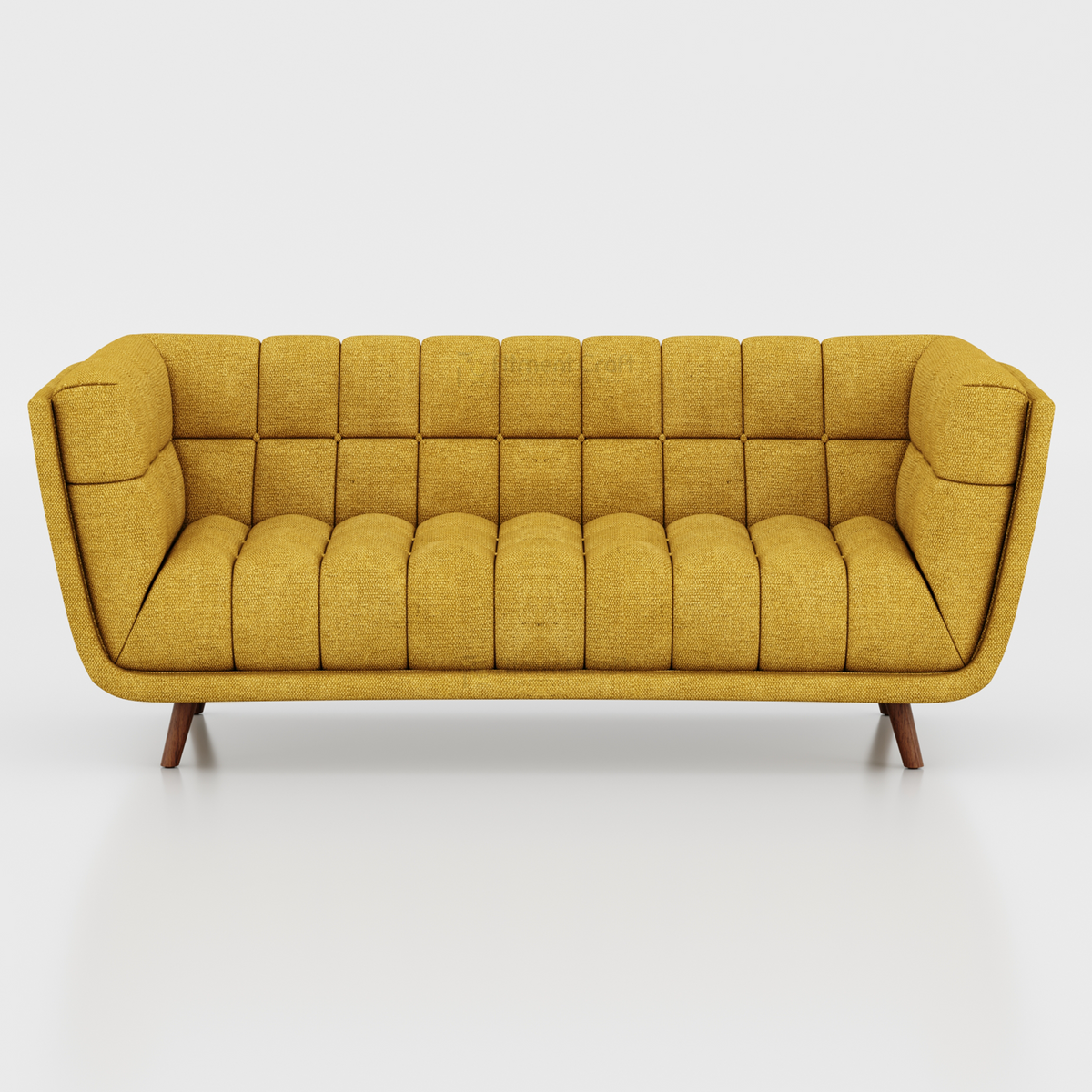Mustard yellow Arka two-seat sofa with channelled cushions and short brown legs