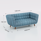 Blue Arka two-seat sofa with tufted cushions and dimension annotations