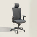 Grey Artex office chair with tall mesh back, headrest and wheeled base