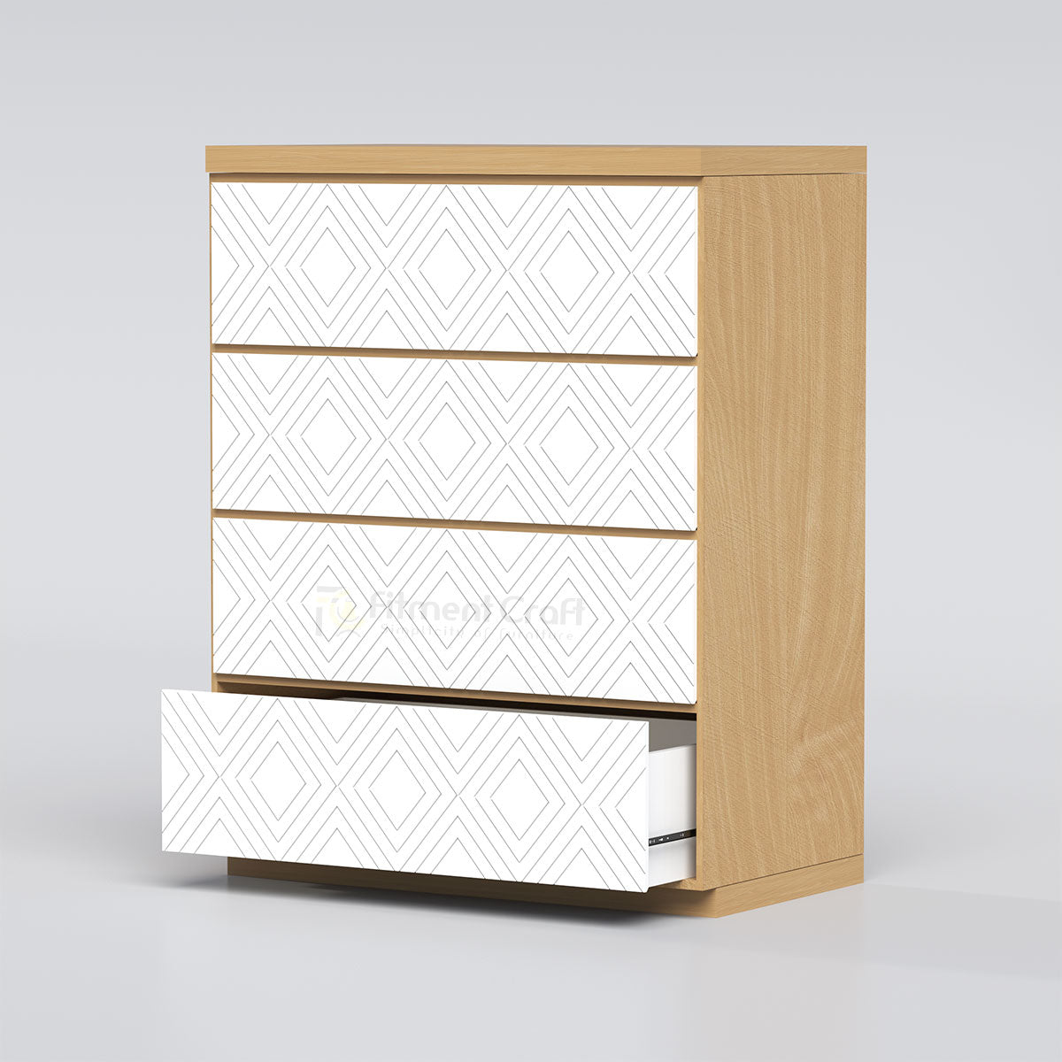 Astral wardrobe with white geometric fronts and bottom drawer open