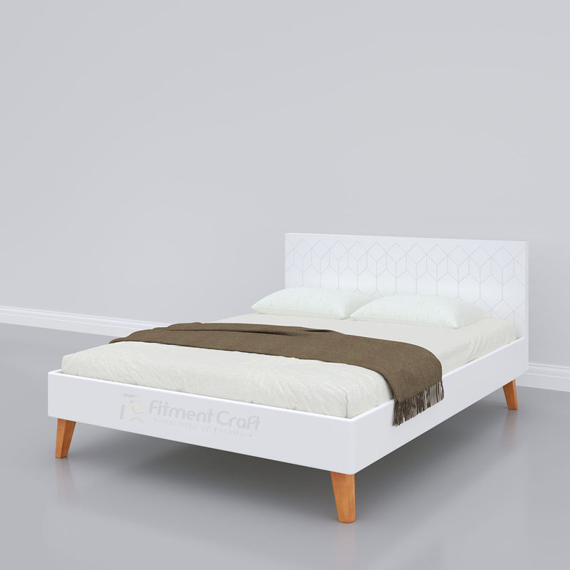 White Astro bed with geometric headboard and brown throw, opposite angled view