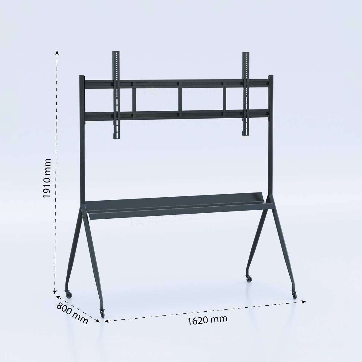 Black Atomo TV stand with height, width and depth annotations