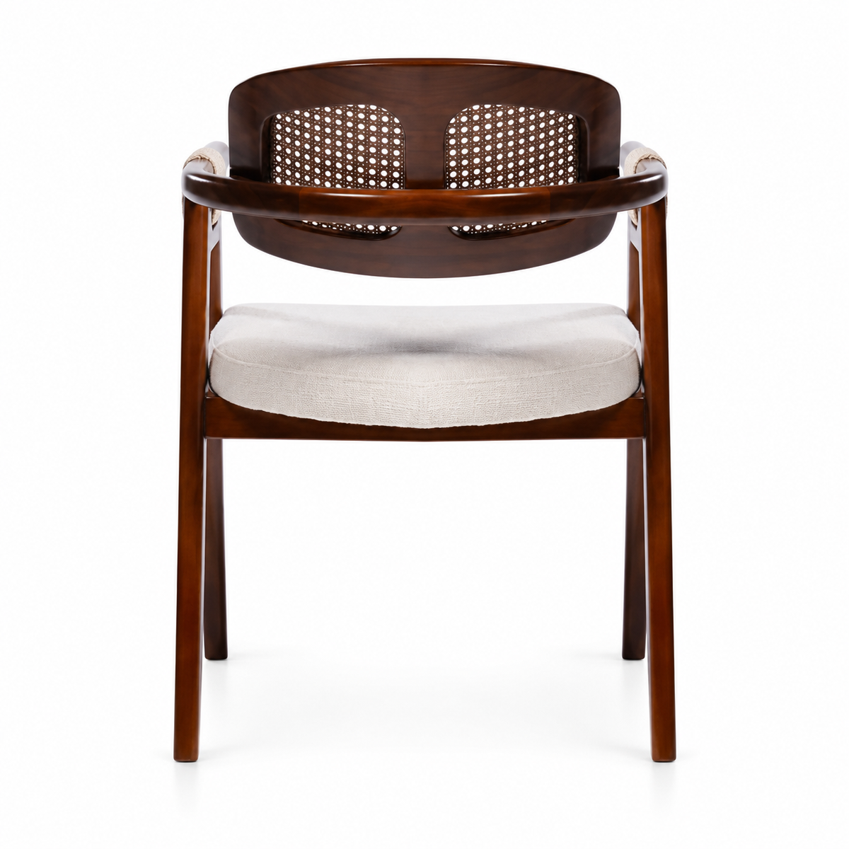 Rear view of Auden lounge armchair showing woven back panels and curved wooden rail