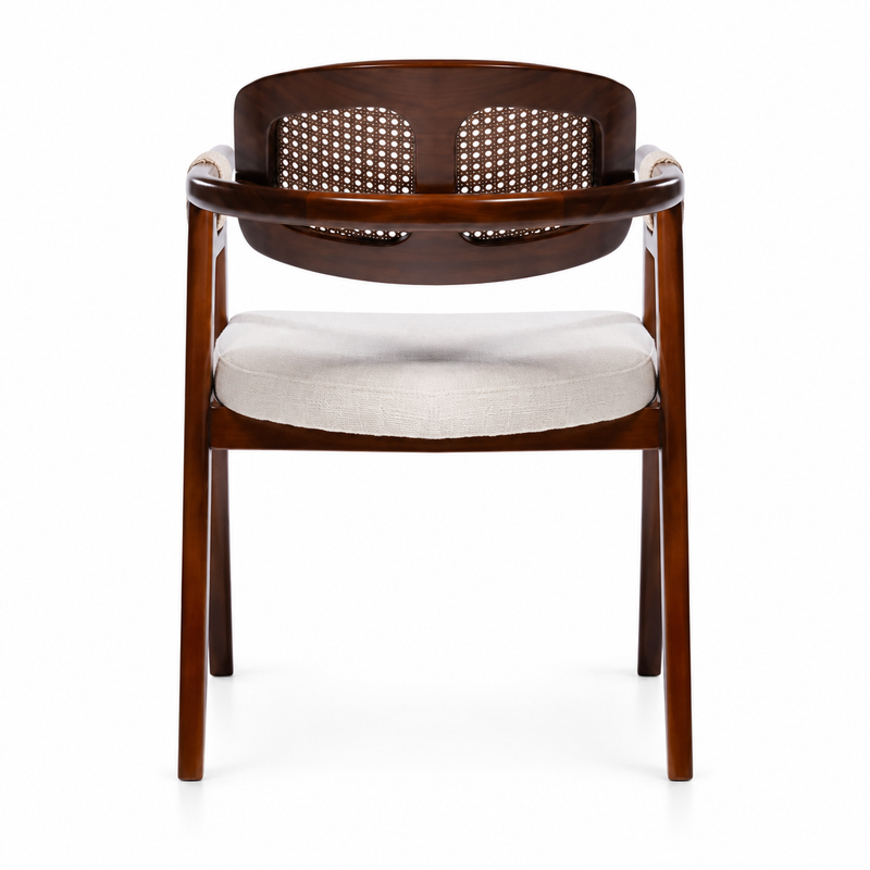 Rear view of Auden lounge armchair showing woven back panels and curved wooden rail