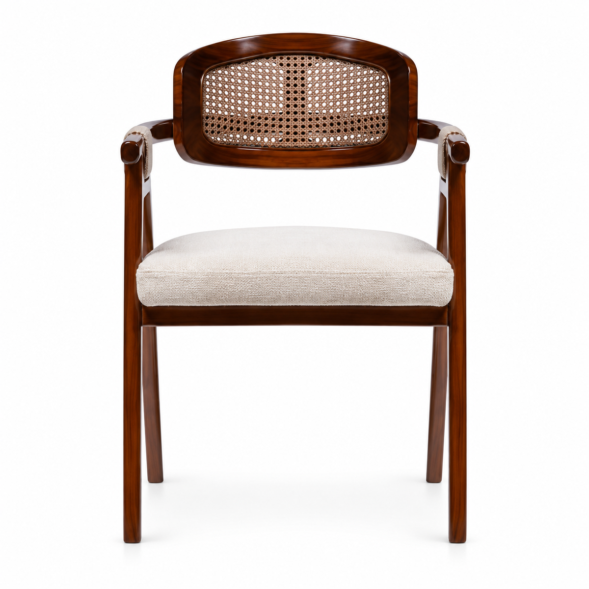 Front view of Auden armchair showing woven back panel, beige cushion and wrapped arms