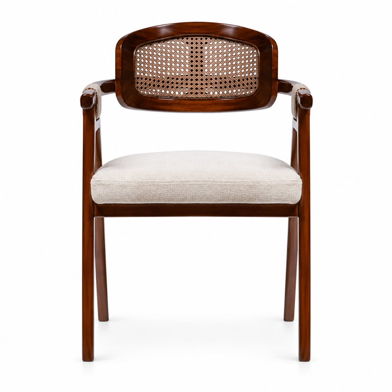 Front view of Auden armchair showing woven back panel, beige cushion and wrapped arms