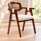 Auden beige-seat wooden lounge armchair with woven back and arm wraps in a warm lounge corner