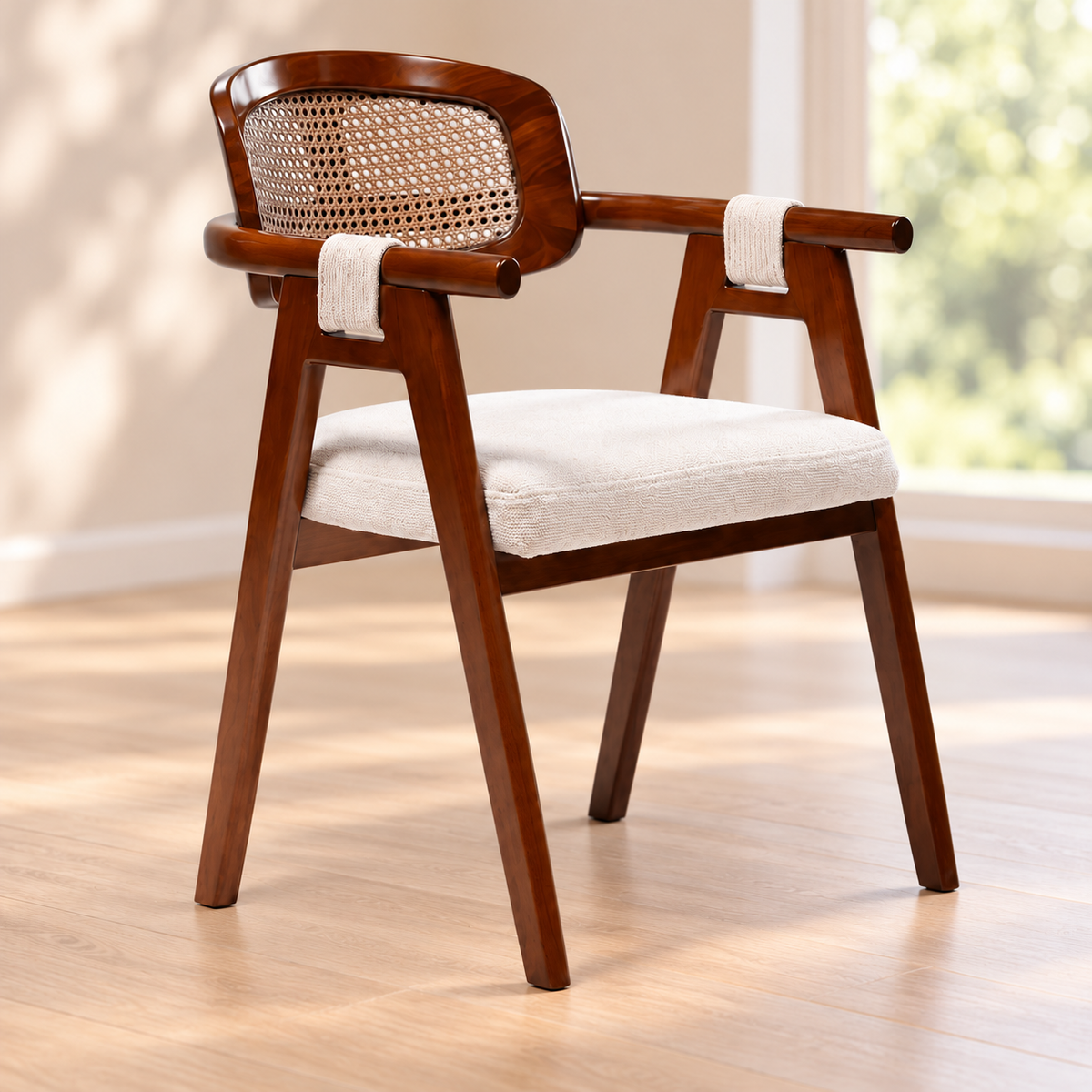Auden beige-seat wooden lounge armchair with woven back and arm wraps in a warm lounge corner