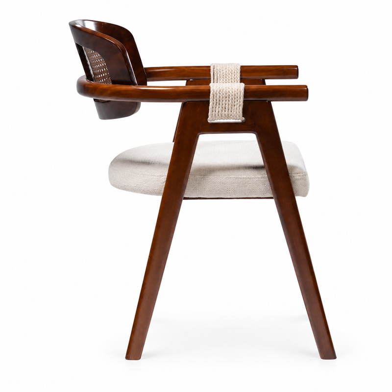 Side profile of Auden lounge armchair showing fixed wood arms, woven wraps and angled legs