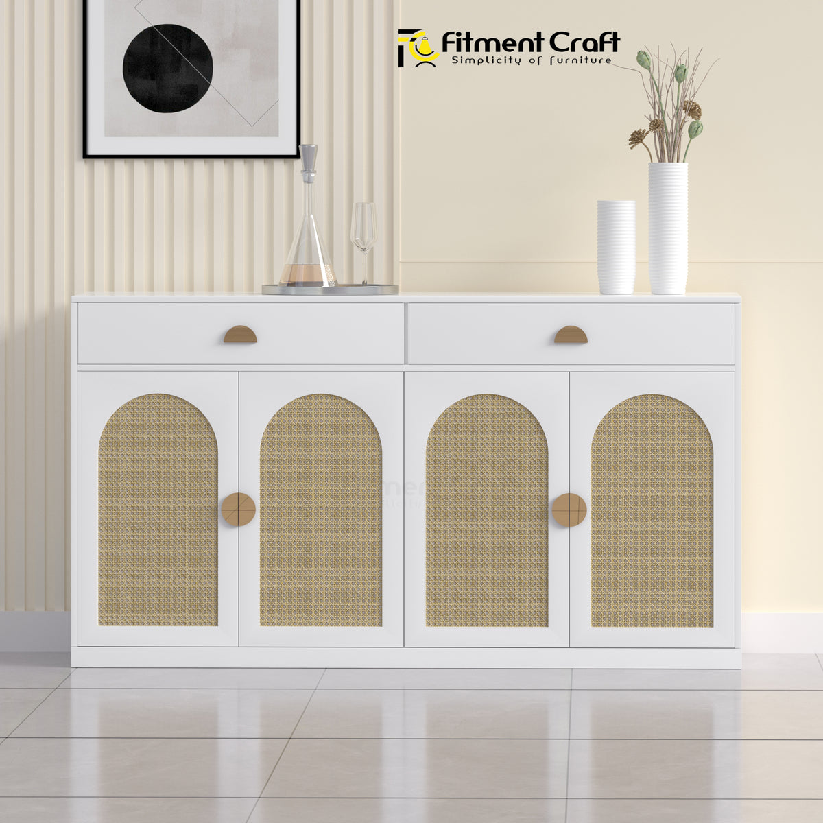 White Aurabin dining cabinet with arched woven-look door panels, staged against a wall