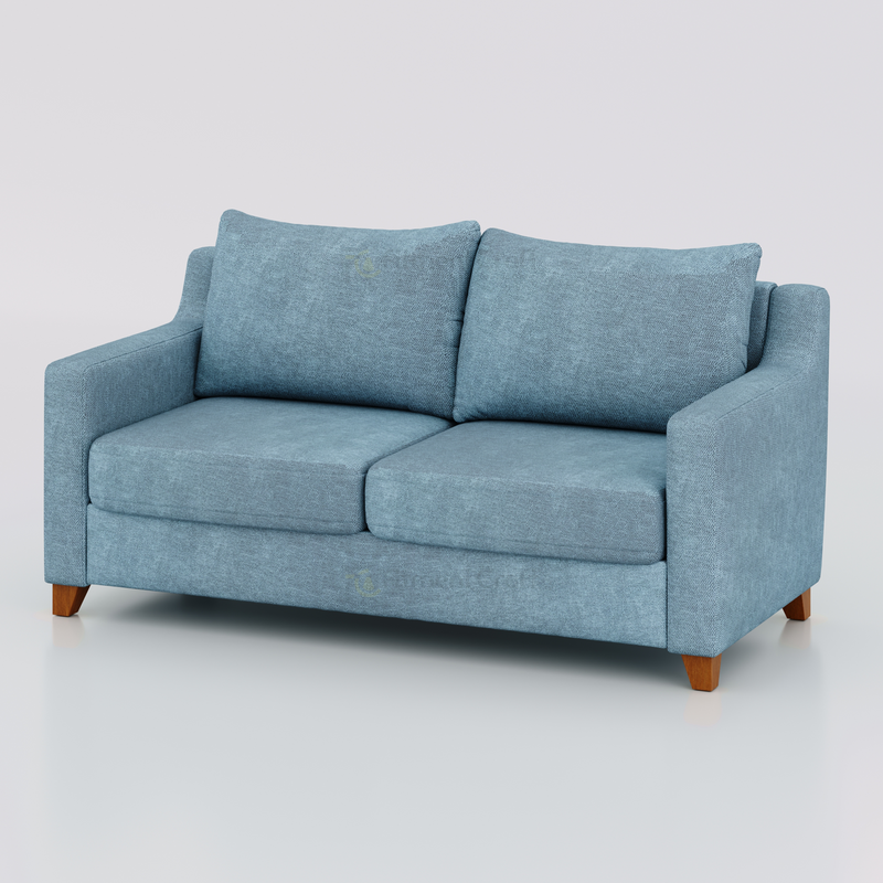 Light blue Austen two-seat sofa with loose back cushions and short brown legs