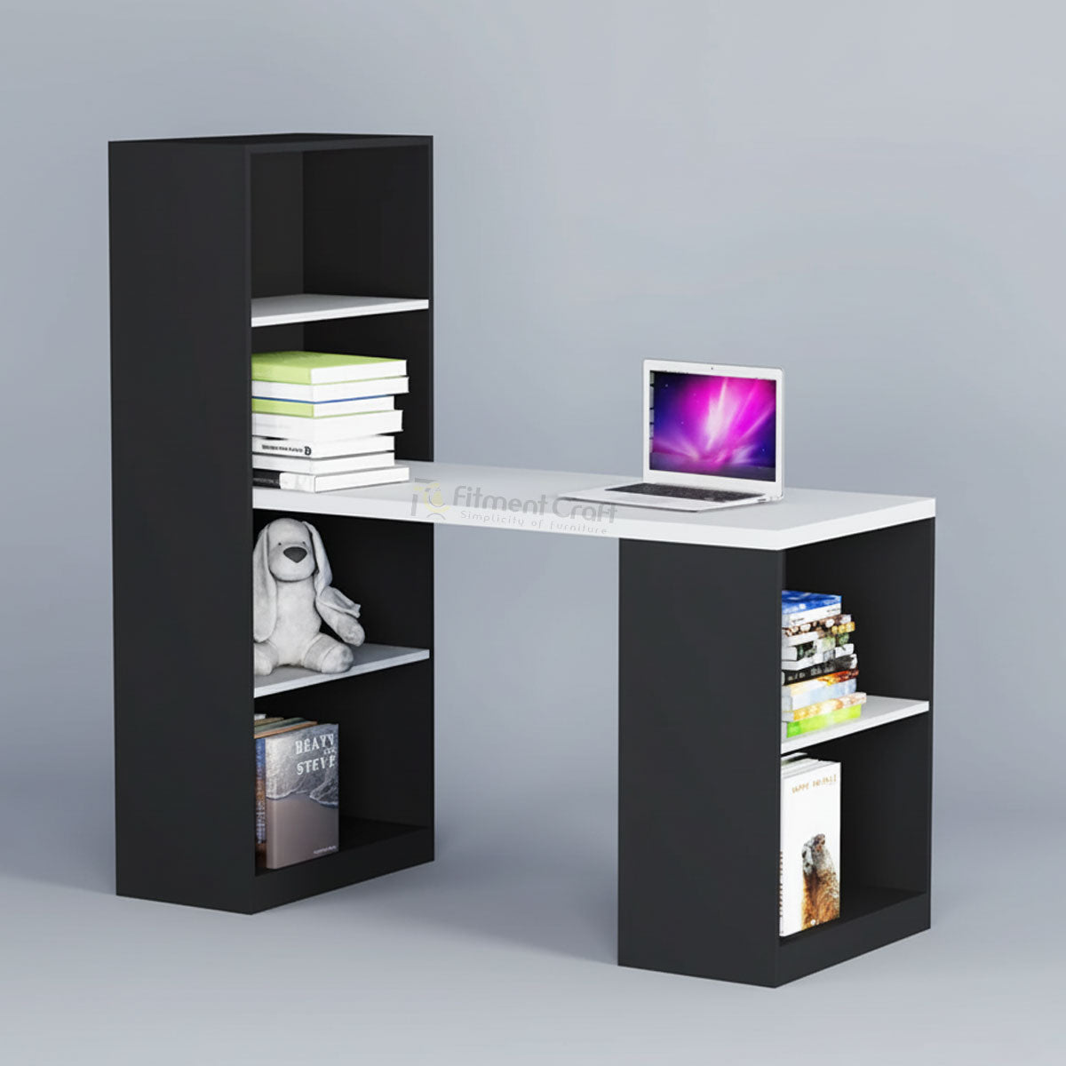 Black and white Balance study desk with tall side shelves and laptop