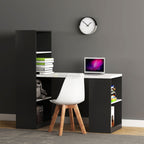 Black and white Balance study desk with tall side bookshelf, laptop and white chair