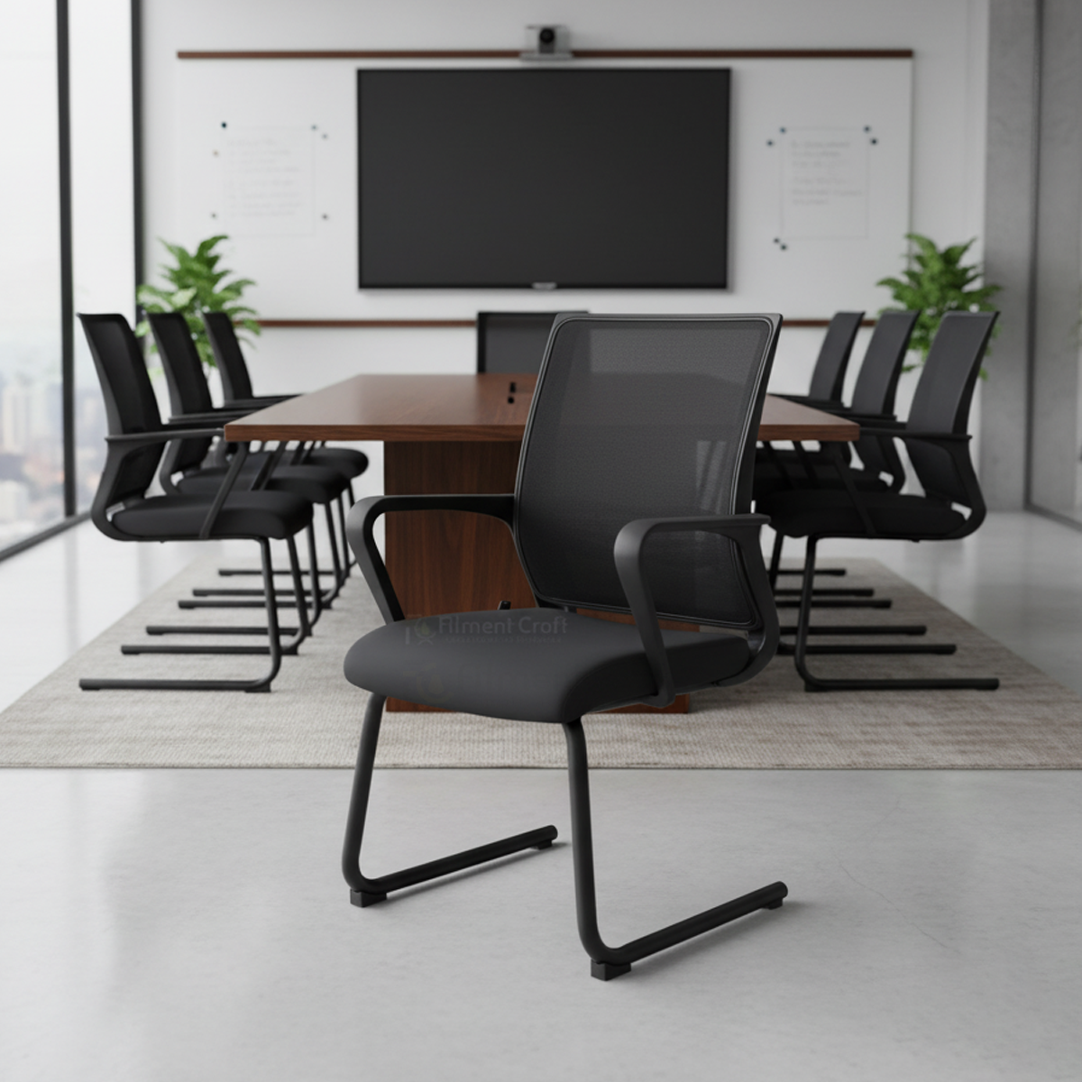 Black Estive visitor chair with mesh back and sled base in a meeting room