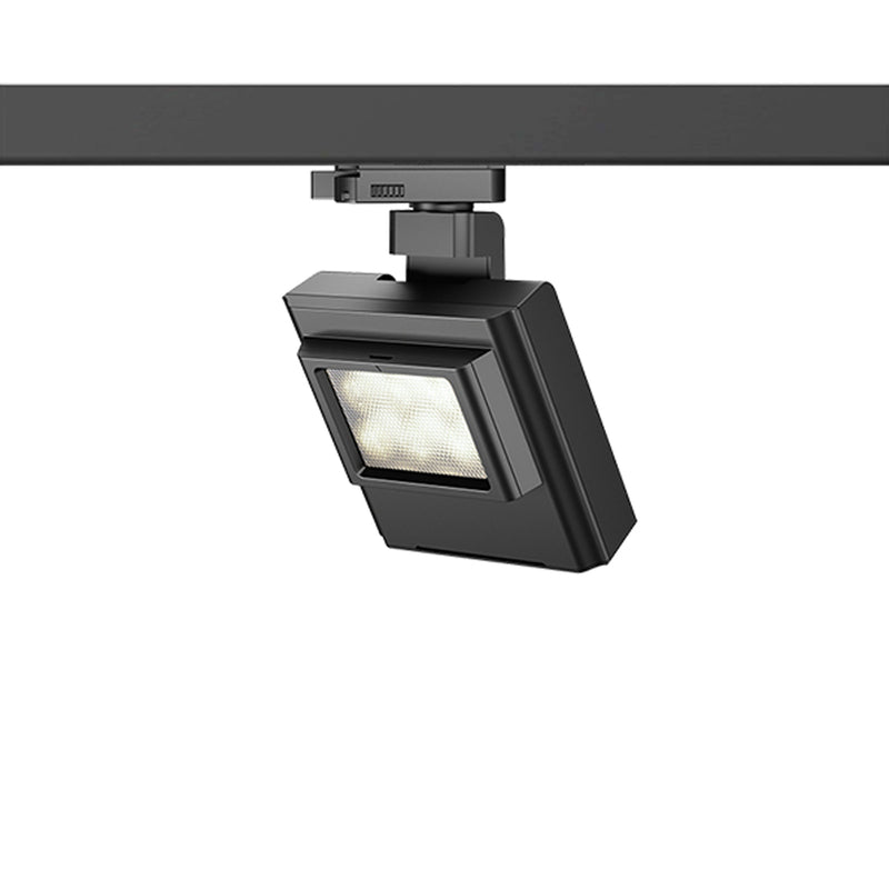Black Fenley track light angled view mounted on a black rail