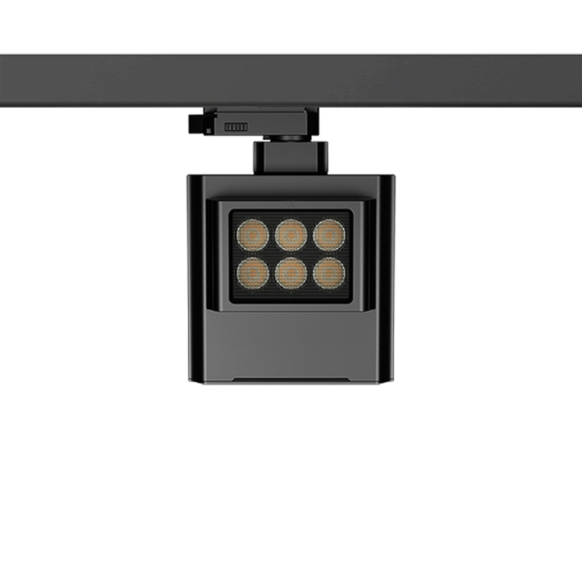 Black Fenley track light front view with six round LEDs