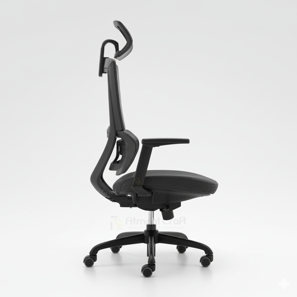 Black Orch office chair rear side view with headrest and wheeled base