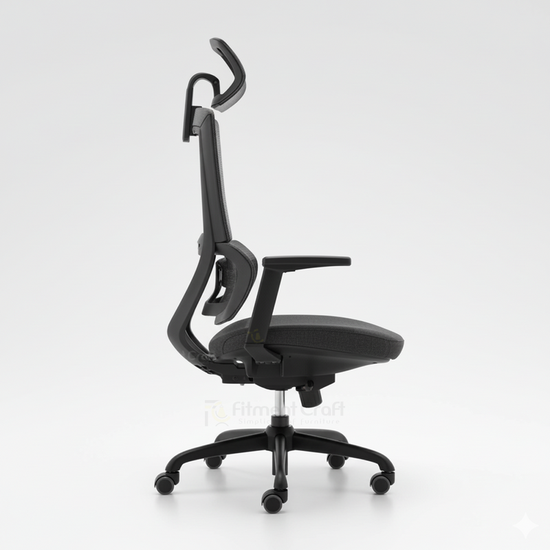Black Orch office chair rear side view with headrest and wheeled base