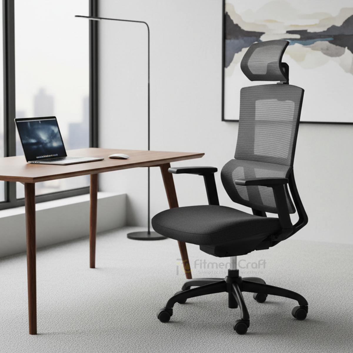 Black Orch office chair with mesh back and headrest beside a desk