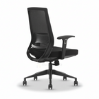 Black Patio office chair rear view with curved mesh back and armrests