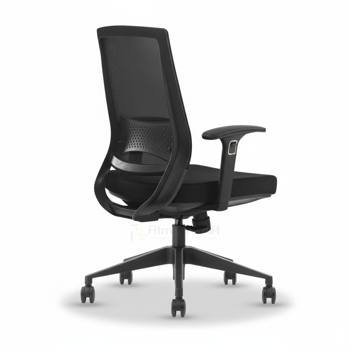 Black Patio office chair rear view with curved mesh back and armrests