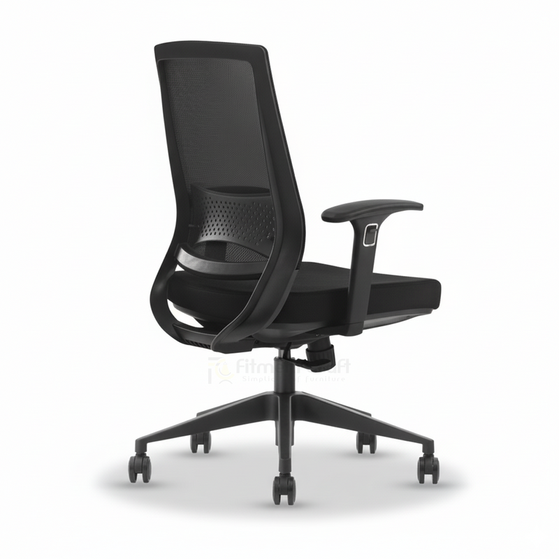 Black Patio office chair rear view with curved mesh back and armrests