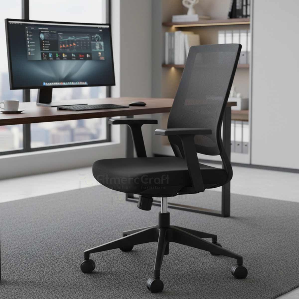 Black Patio office chair with high mesh back and wheeled base beside a desk