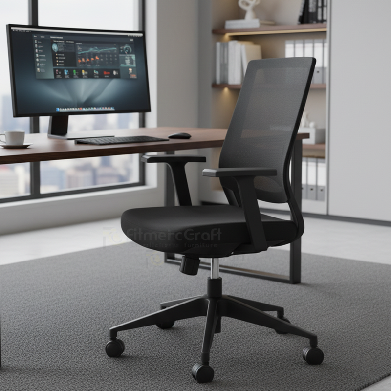 Black Patio office chair with high mesh back and wheeled base beside a desk