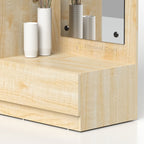 Close view of Bloom dressing cabinet mirror, pale wood-tone surface and lower drawer