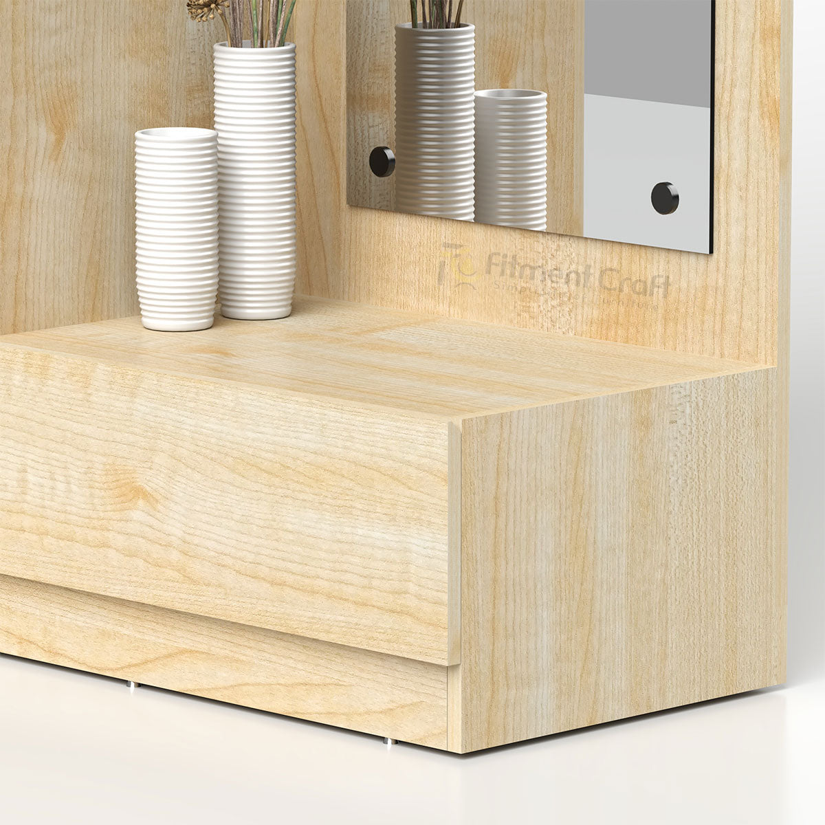 Close view of Bloom dressing cabinet mirror, pale wood-tone surface and lower drawer