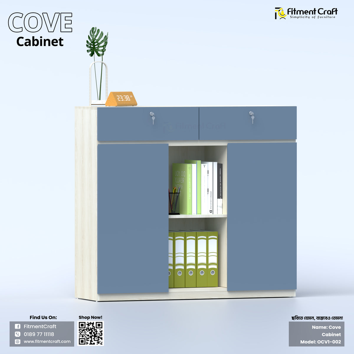 Blue and white Cove cabinet with two top drawers and central open shelves, angled view