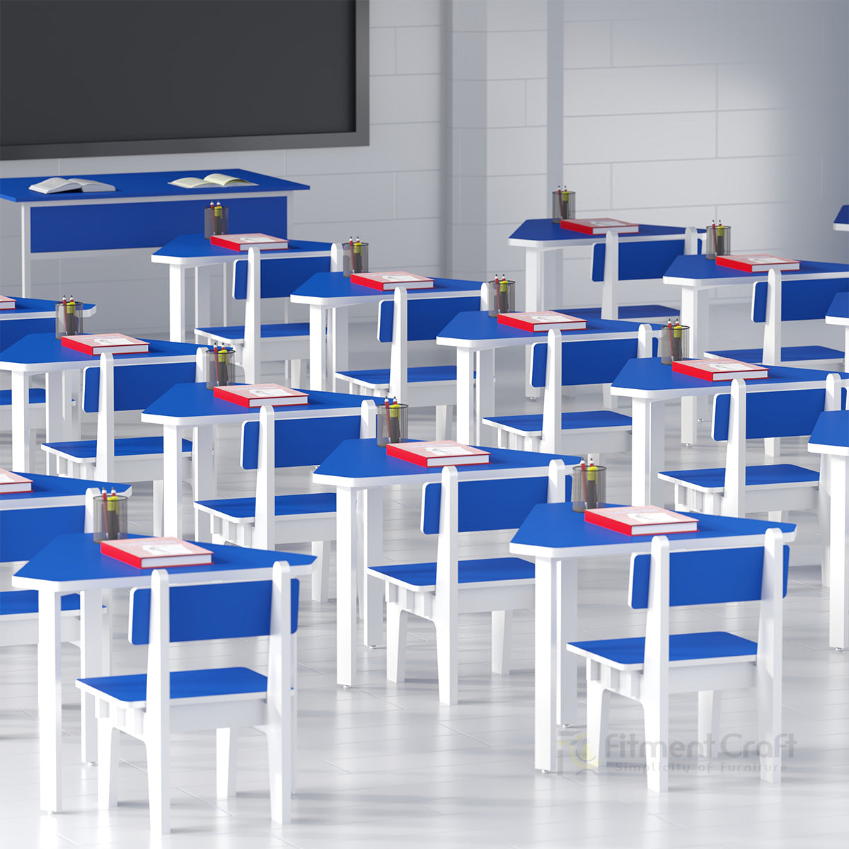 Blue and white Fusion modular school tables and chairs arranged in a classroom