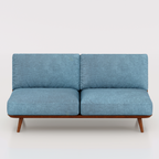 Blue Dozzi armless two-seat sofa with brown frame and tapered legs
