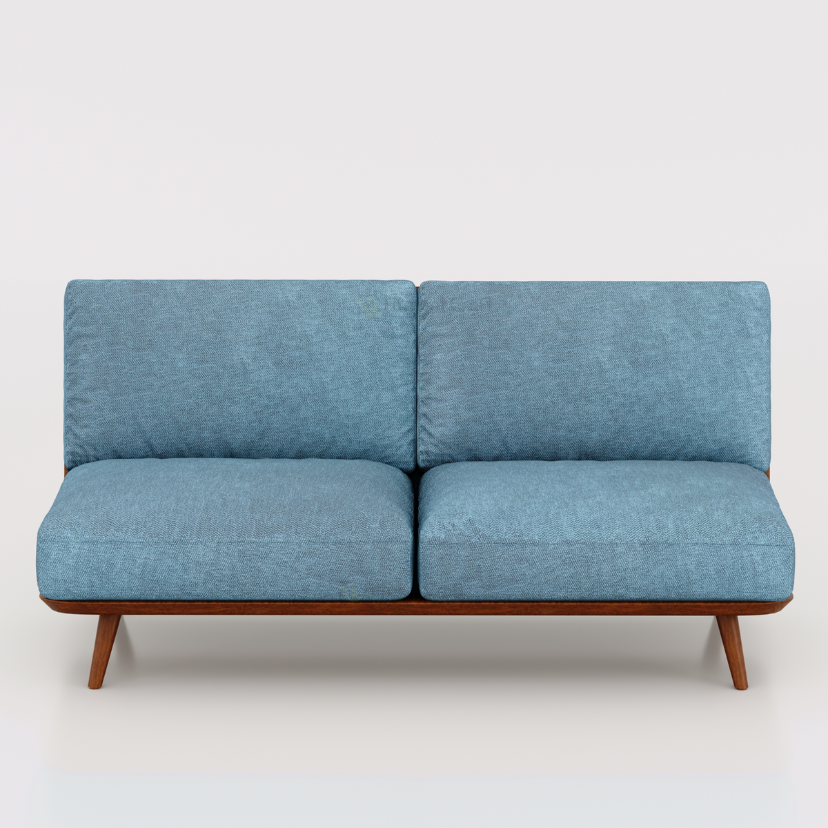 Blue Dozzi armless two-seat sofa with brown frame and tapered legs