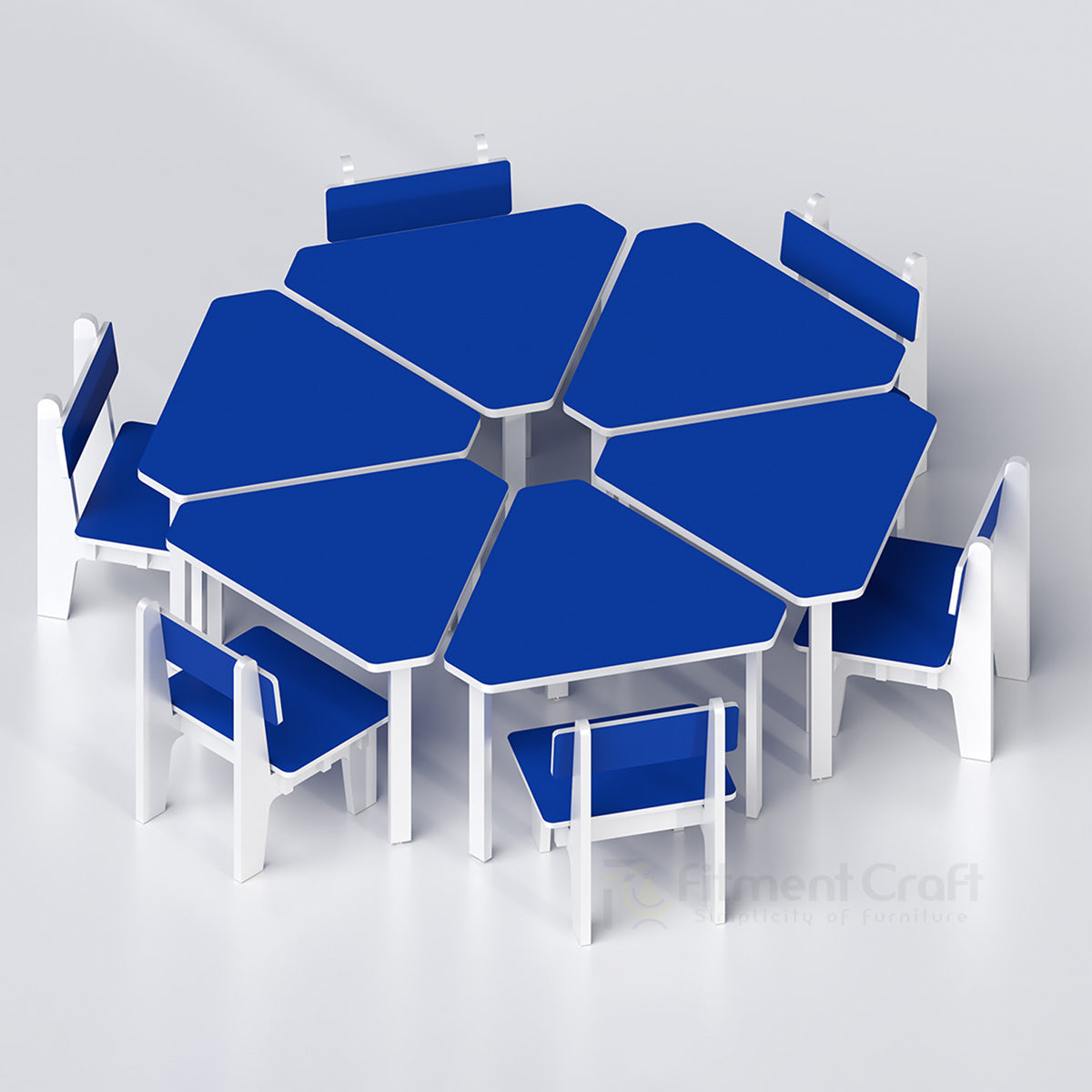 Blue Fusion modular school tables and chairs arranged in a circle