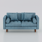 Blue Orchid two-seat sofa front view with square and cylindrical cushions