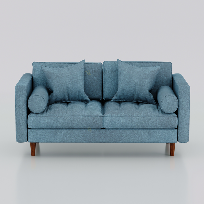 Blue Orchid two-seat sofa front view with square and cylindrical cushions