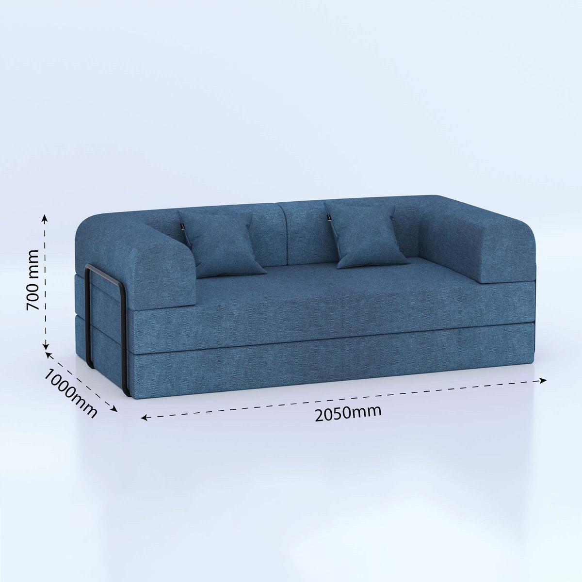 Blue Spary sofa bed in sofa configuration with dimension arrows