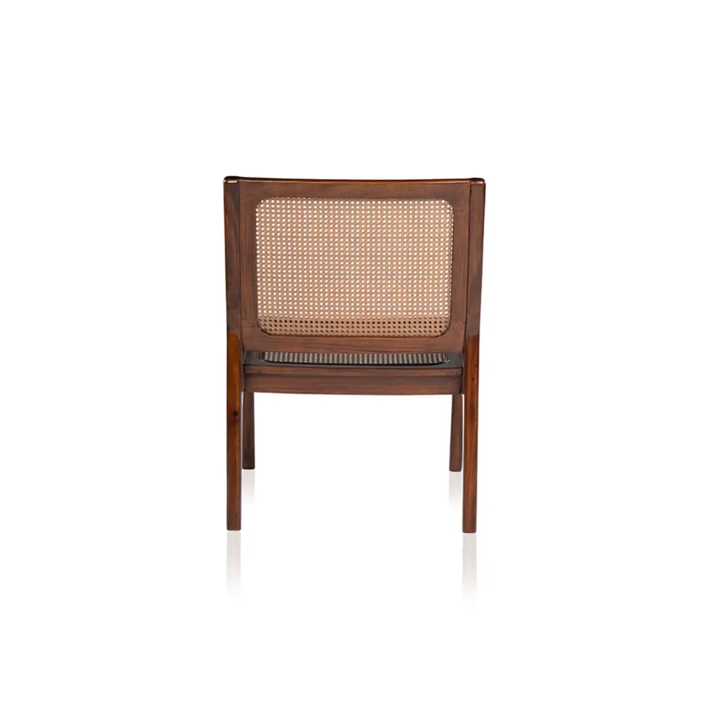 Rear view of Briar Classic wood and PVC rattan lounge chair showing woven back panel and wooden frame